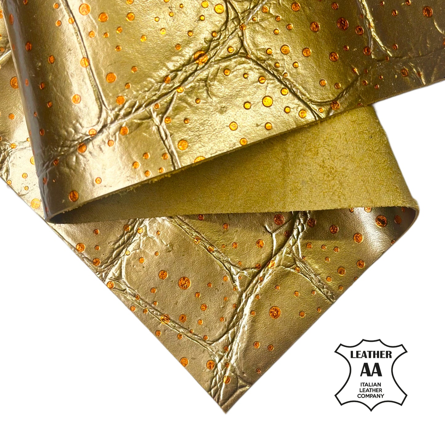 Gold Metallic Lambskin Leather Sheet With Water-Drop Dots Crocodile Texture 1670