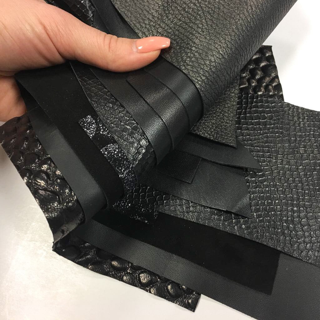 Black Lambskin Scraps Mix Soft Thin Pieces Shiny Textured Print Patent Suede