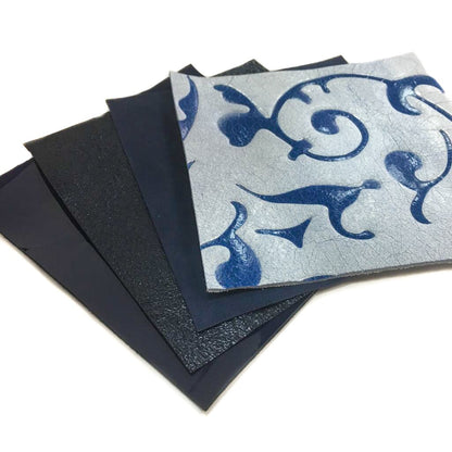 Blue Tales 4 pcs - Blue Patent, Metallic, Print, Suede 5x5in Leather Scraps