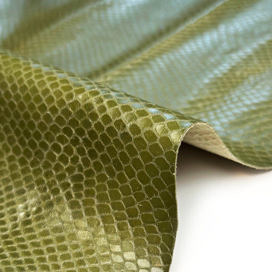 Olive Green Lambskin Leather With Embossed Snakeskin Print 0.7mm/1.75oz OLIVE SNAKE 1595