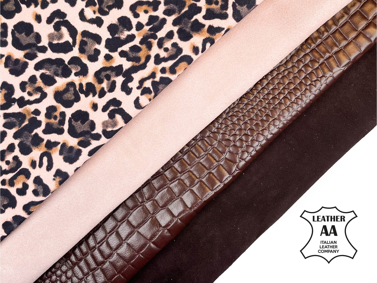 Pink Brown Lambskin Printed Leopard CrocodileLeather Bundle of 4 full hides