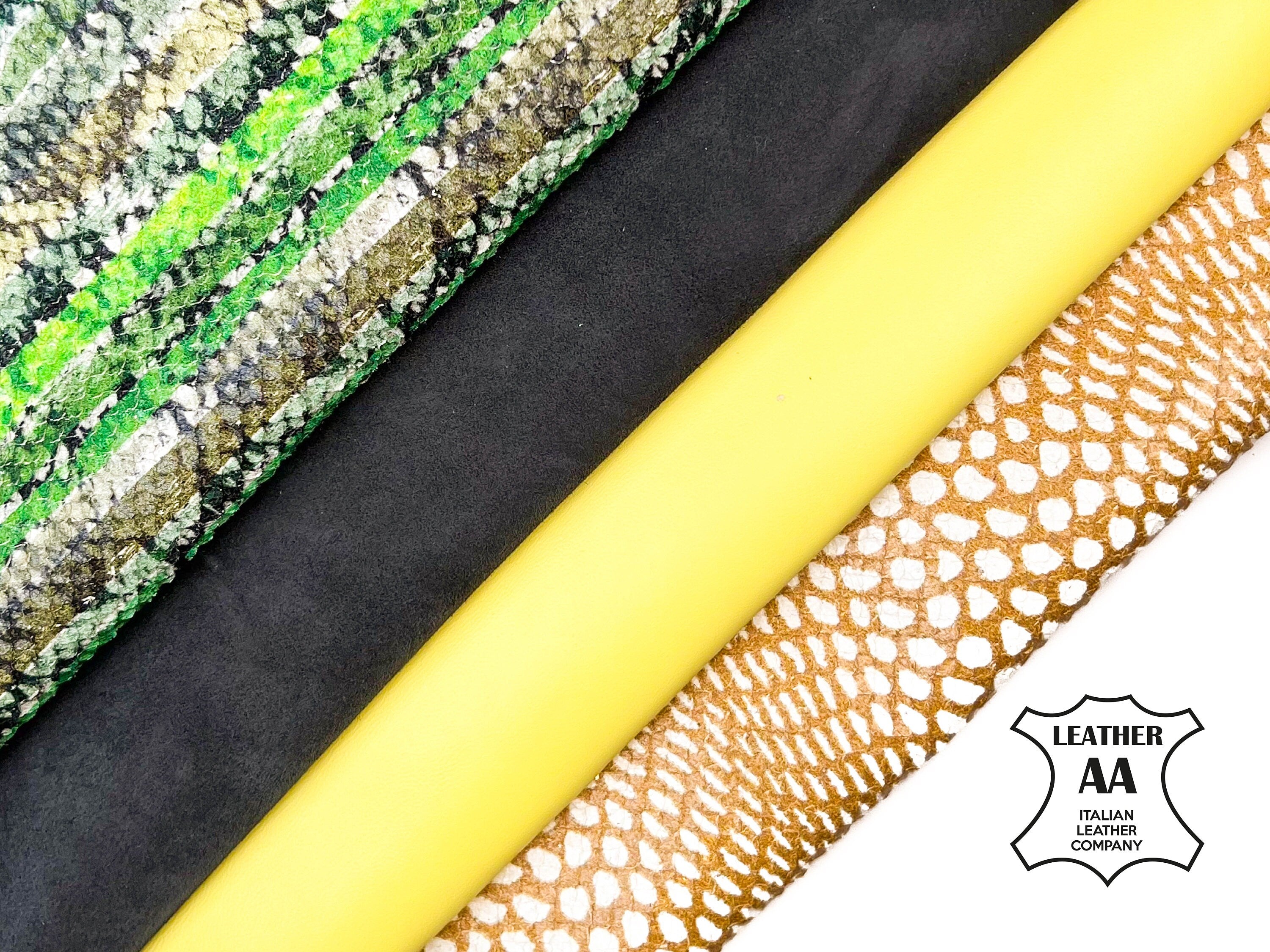 Yellow Lambskin Green Laser Snakeskin Grey Suede Italian Leather Bundle of 4