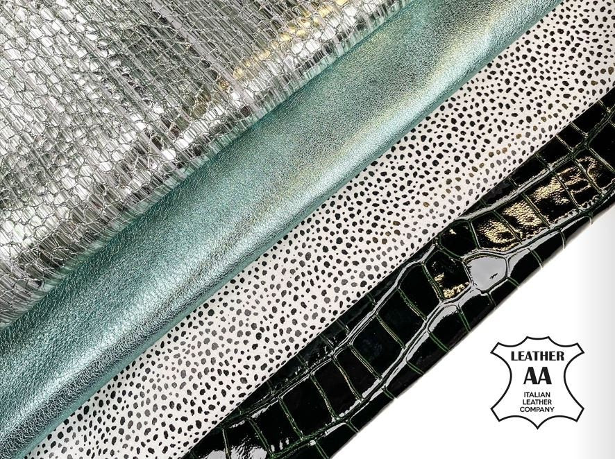 Green Patent Crocodile & Metallic Lambskin Mix Bundle of 4 Hides 0.7-1.1mm/1.75- 2.75oz