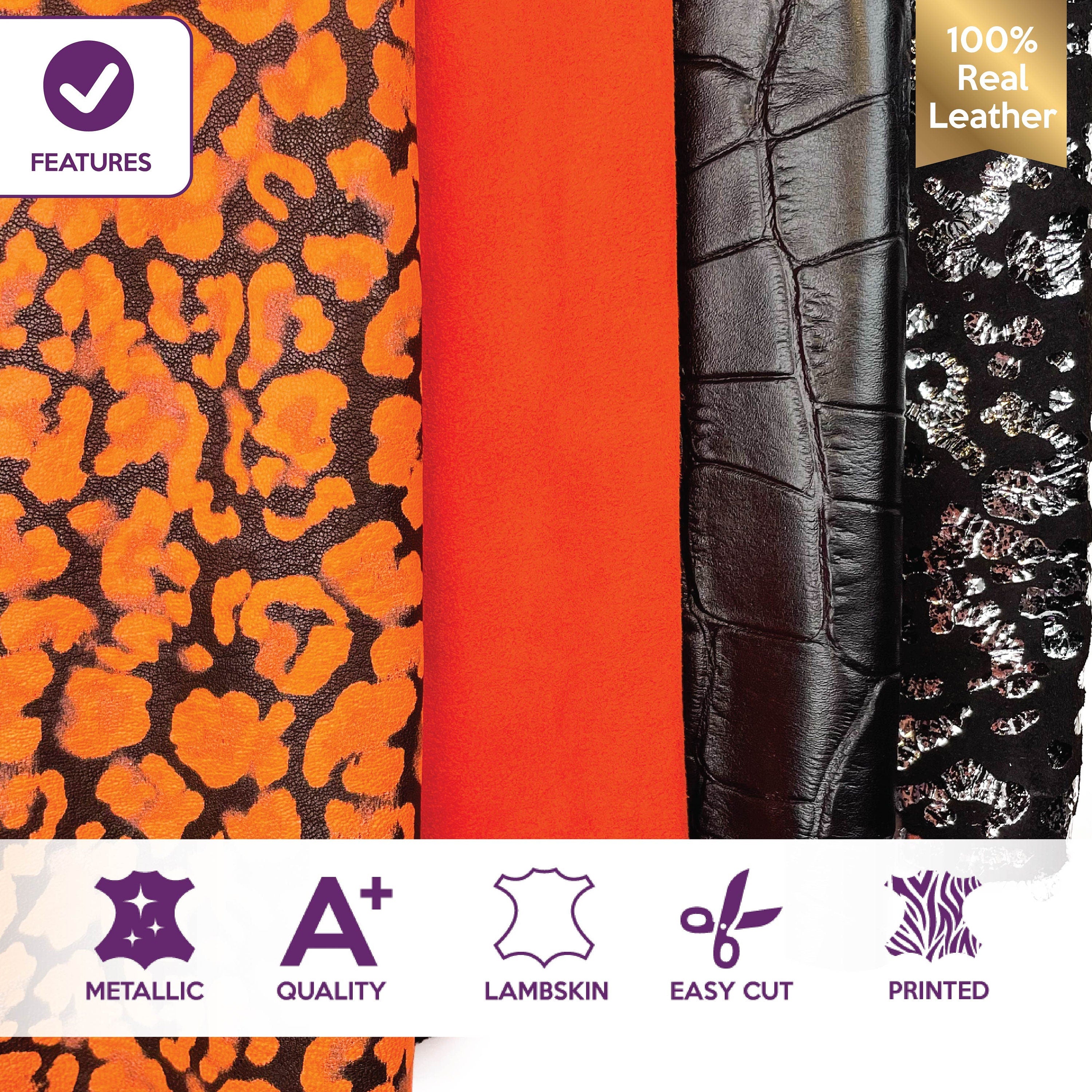 Embossed Black & Neon Orange Printed Lambskin Bundle of 4 Hides