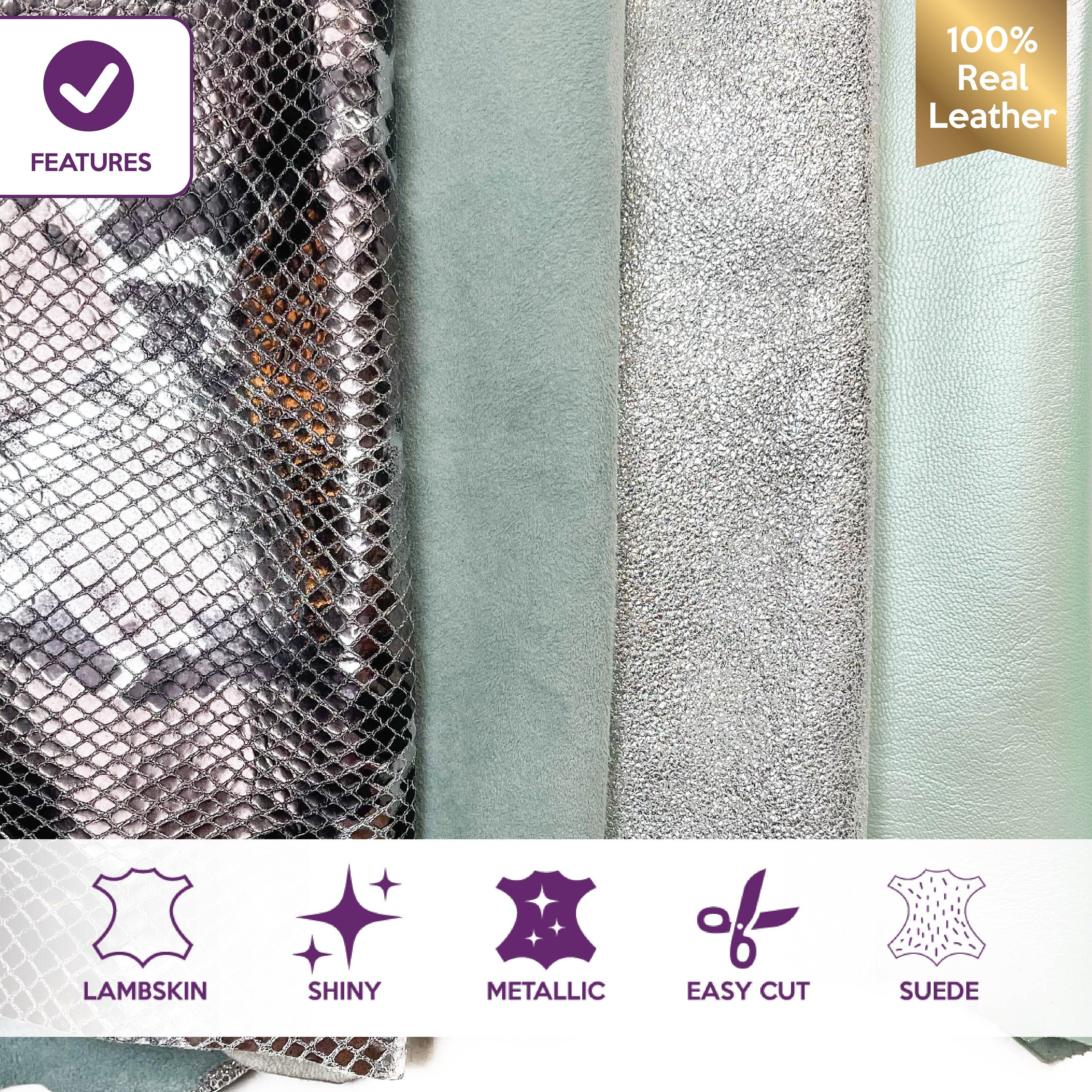 Mint Green Perlamuter Silver Sparkles Snake Embossed, Suede Bundle of 4 Lambskin Hides