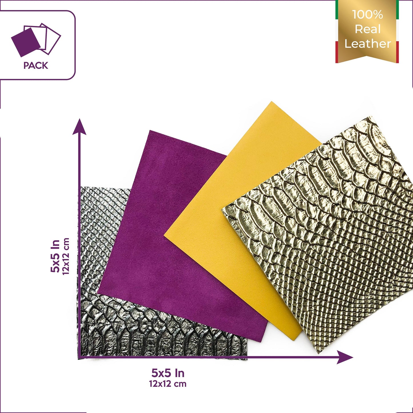 Gold And Silver Snake Print Set 5x5in Four Leather Pieces - Suede, Yellow