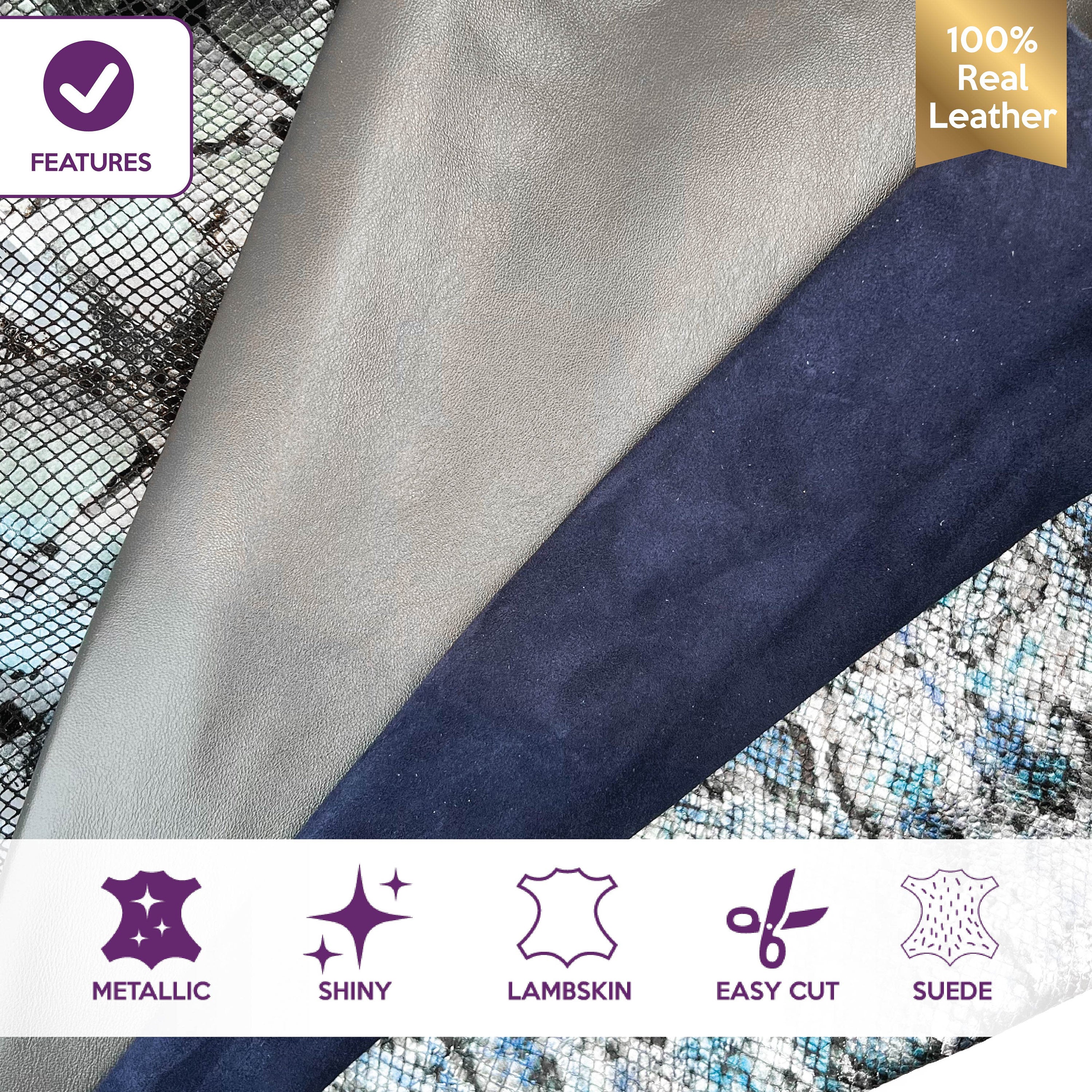 Blue Suede Lambskin Metallic Prints Gray Lambskin Italian Leather BUNDLE of 4 Hides 0.7-1.1mm/1.75 - 2.75oz