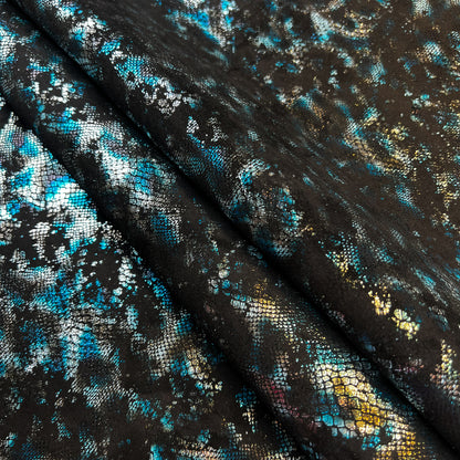 Blue And Silver Shiny Snake Print on Black Suede Lambskin ~0.8mm/2oz / SNAKE 1443
