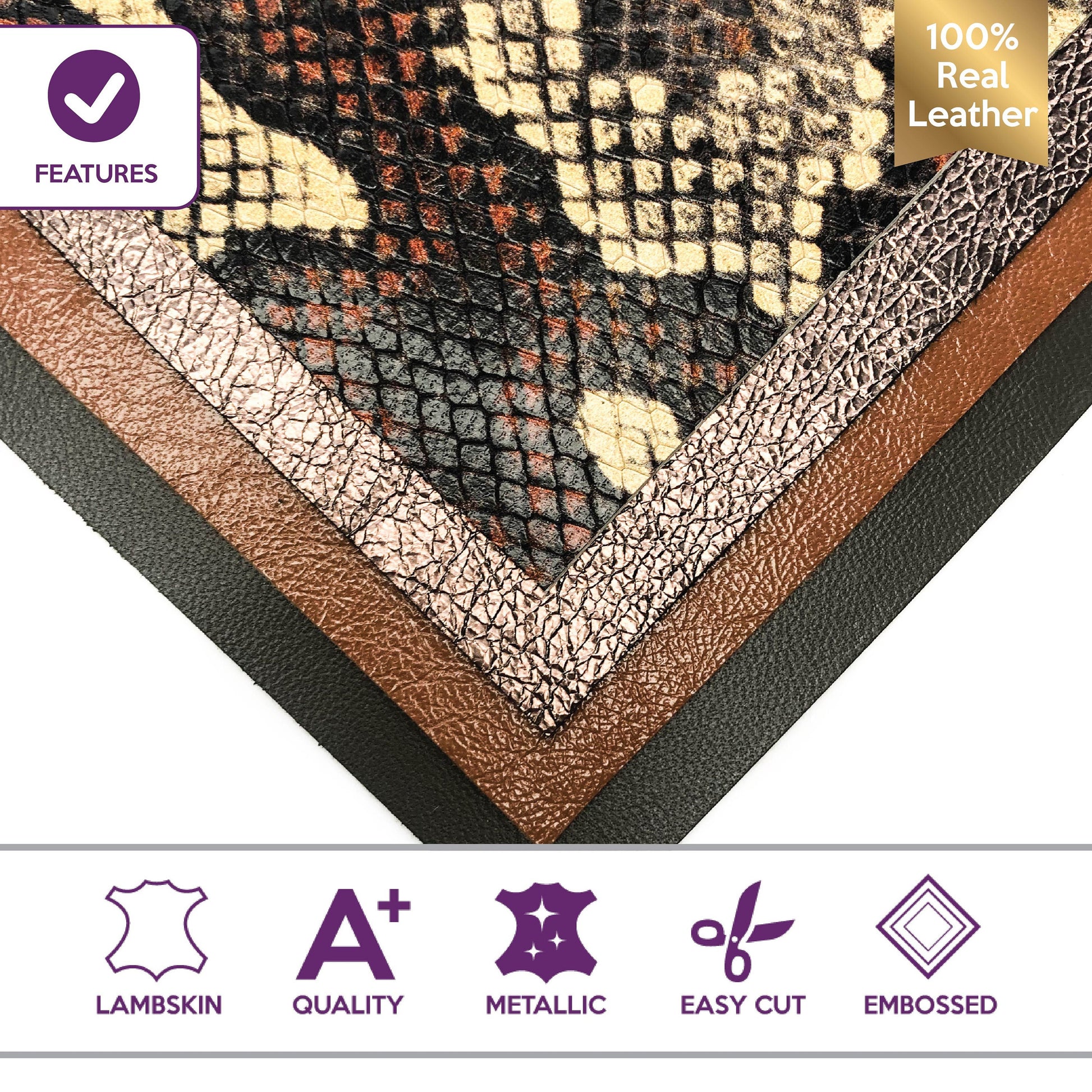 Brown Snake 4pcs Set 5x5in Genuine Leather Pieces- Print,Metallic,Plai –  LeatherAA