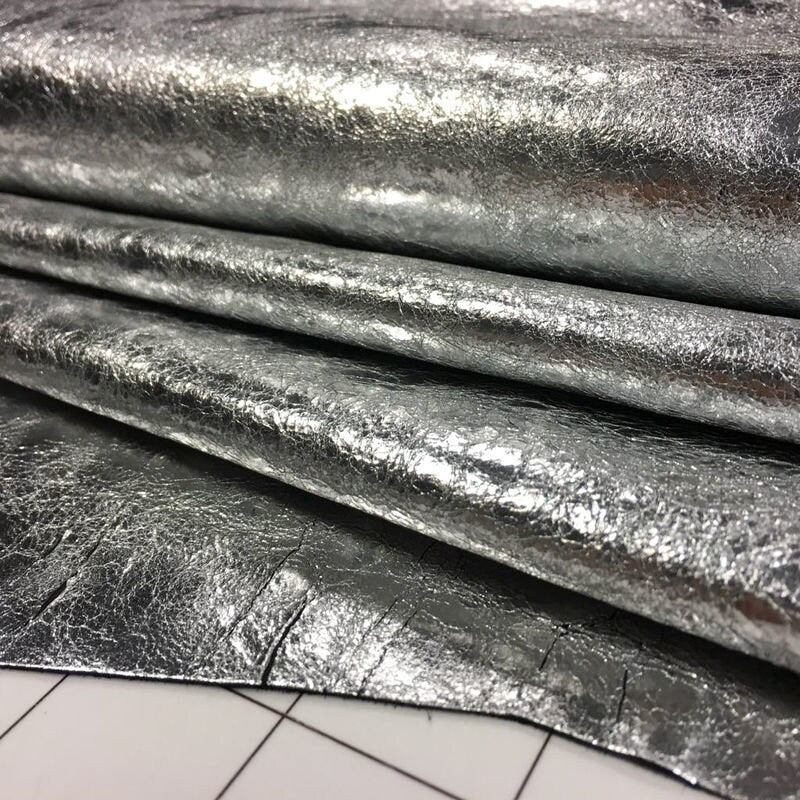 SILVER leather fabric metallic Genuine Sheep skin sheets for sewing CRUNCHY SILVER 709, 2.25 oz Thin Natural Leather pieces Silver Leather