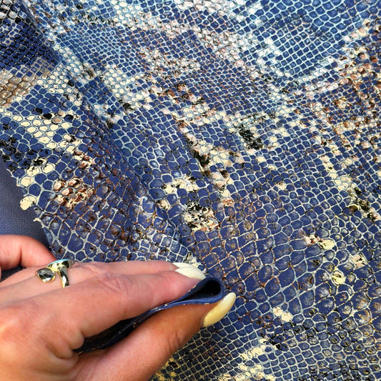 Blue Snake Print Metallic Lambskin Leather 1.75oz Hide 1633