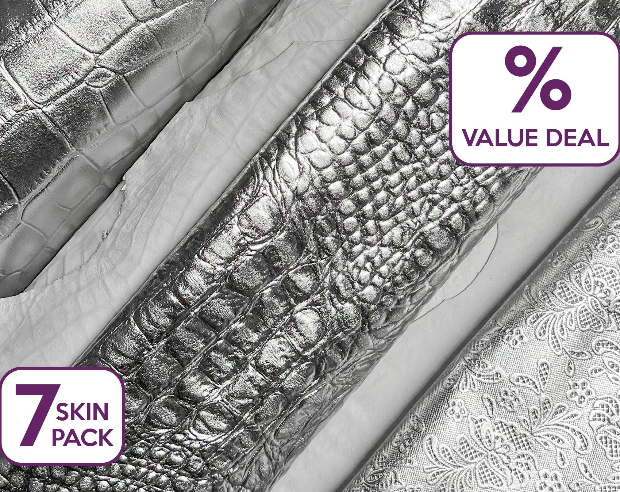 Silver Lambskin Metallic Italian Skins / Flower, Crocodile, Alligator Embossing / BUNDLE of 7 Full Skins