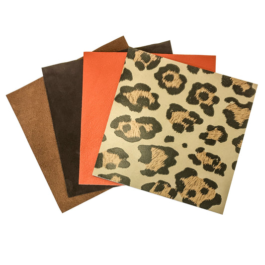 Brown And Orange, Jaguar Print 5x5in Leather Sheets 4 pcs