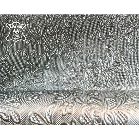 Silver Patent Lambskin Leather With Print 1mm/2.5oz / SILVER FLOWER 1240