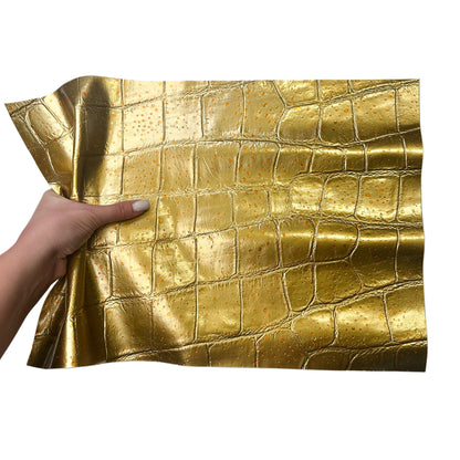 Gold Metallic Lambskin Leather Sheet With Water-Drop Dots Crocodile Texture 1670