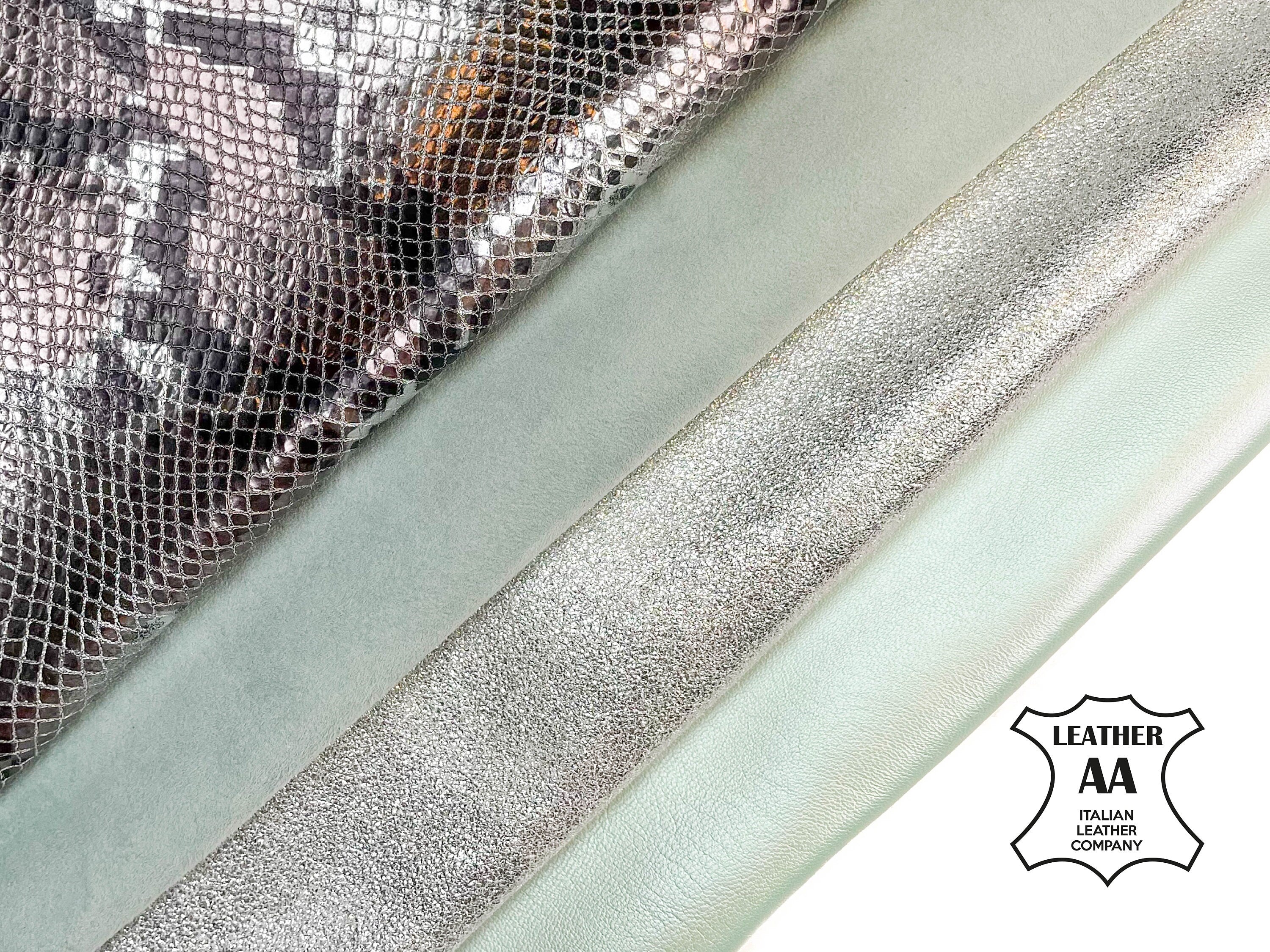 Mint Green Perlamuter Silver Sparkles Snake Embossed, Suede Bundle of 4 Lambskin Hides