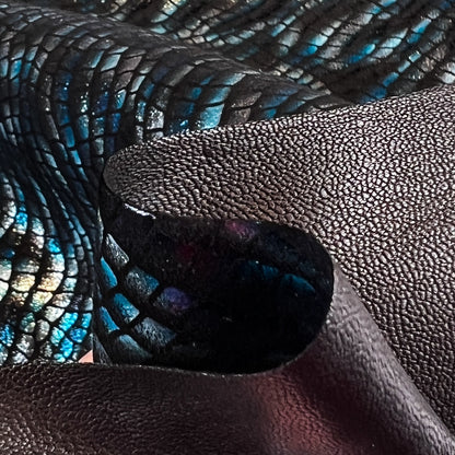 Blue And Silver Shiny Fish Print on Black Suede Lambskin ~0.8mm/2oz / FISH 1443