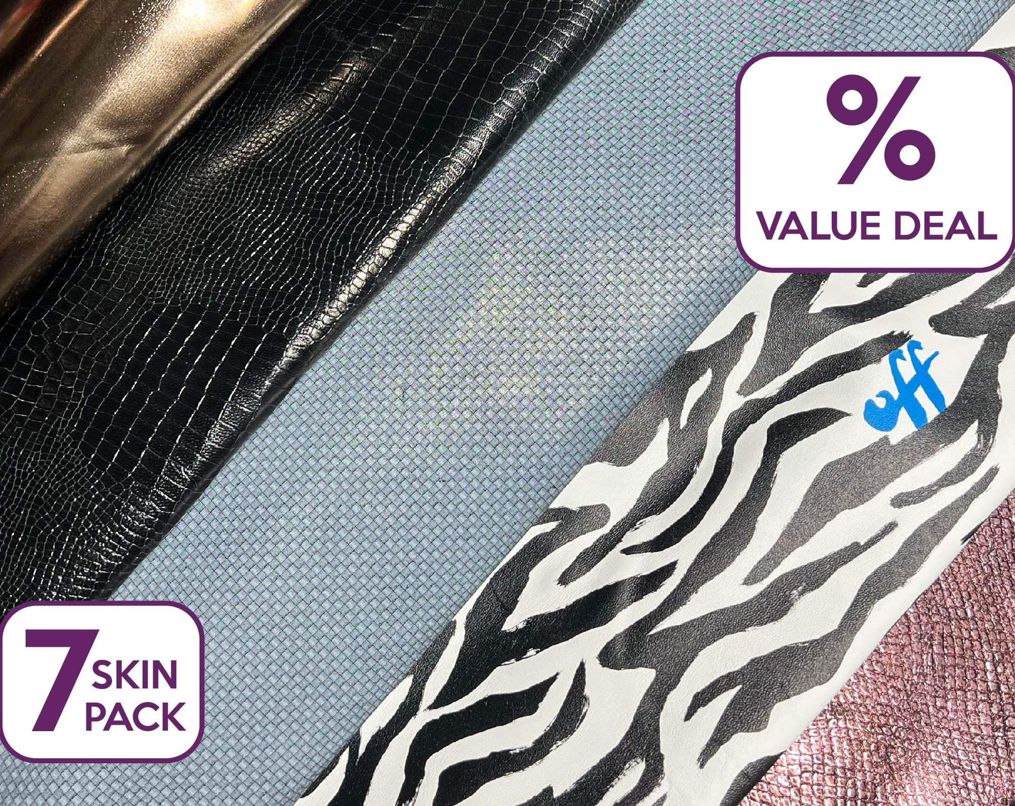 Metallic Bronze, Zebra, Black Purple Lizard, Plaid Print or Embossing Bundle Of 7 Hides