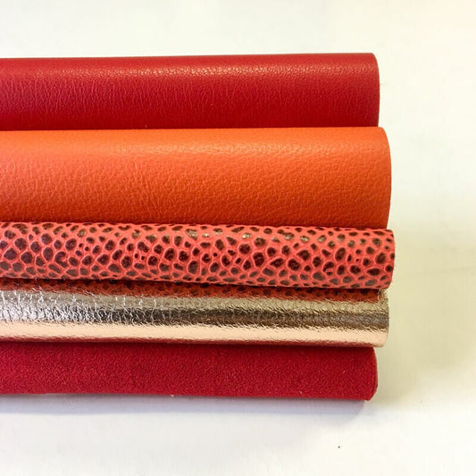 Dotted Red,Orange and Rose Gold Sheets 5x5in Five Leather Sheets