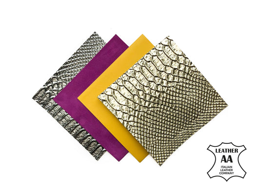 Gold And Silver Snake Print Set 5x5in Four Leather Pieces - Suede, Yellow