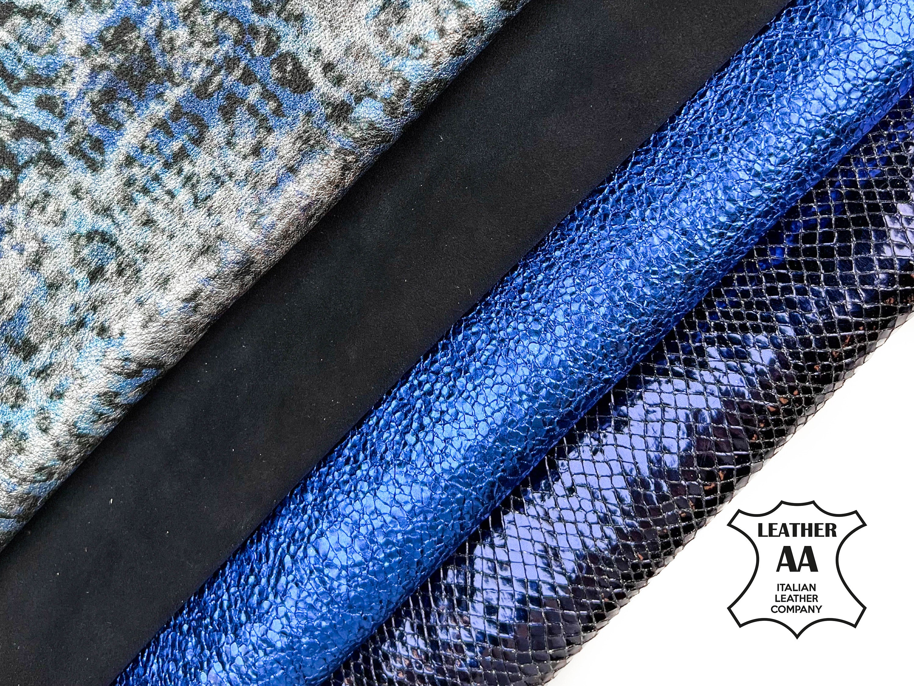 Navy Blue Leopard Lambskin Crunchy Metallic Lizard Print Bundle Of 4 Hides 0.7-0.9mm/1.75 - 2.25oz