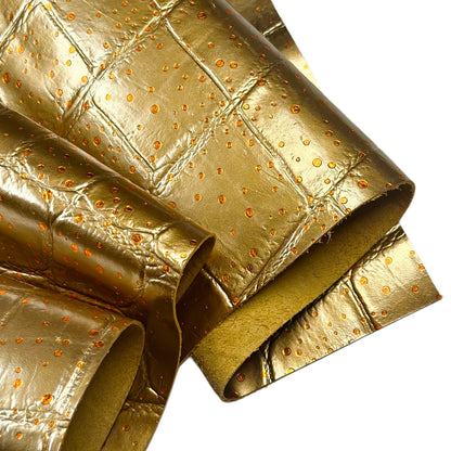 Gold Metallic Lambskin Leather Sheet With Water-Drop Dots Crocodile Texture 1670