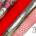 Red Silver Metallic Embossed Snakeskin Lambskin Leather Bundle Of 4 Hides