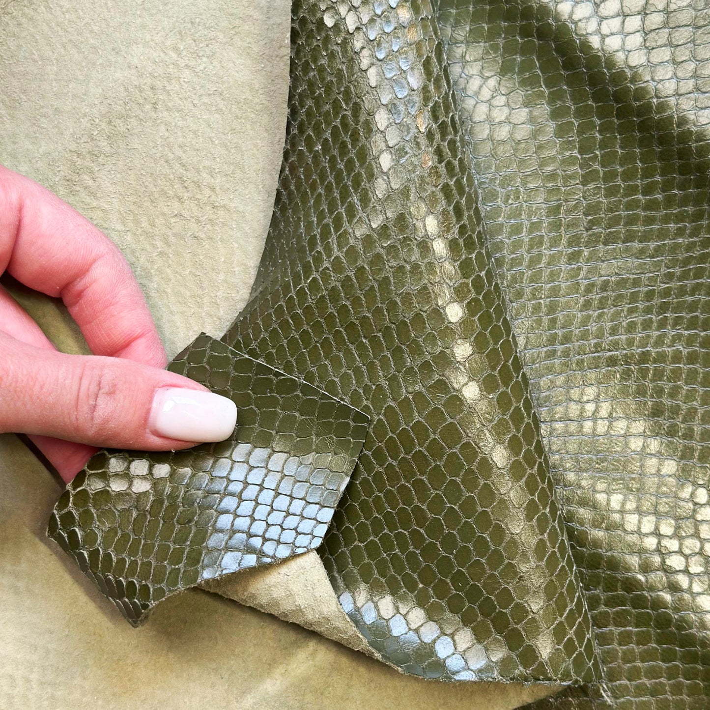 Olive Green Lambskin Leather With Embossed Snakeskin Print 0.7mm/1.75oz OLIVE SNAKE 1595
