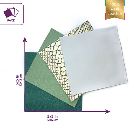 Green Pebbled 5x5in Leather Scraps - Green, White, Gold Snake 4 pcs