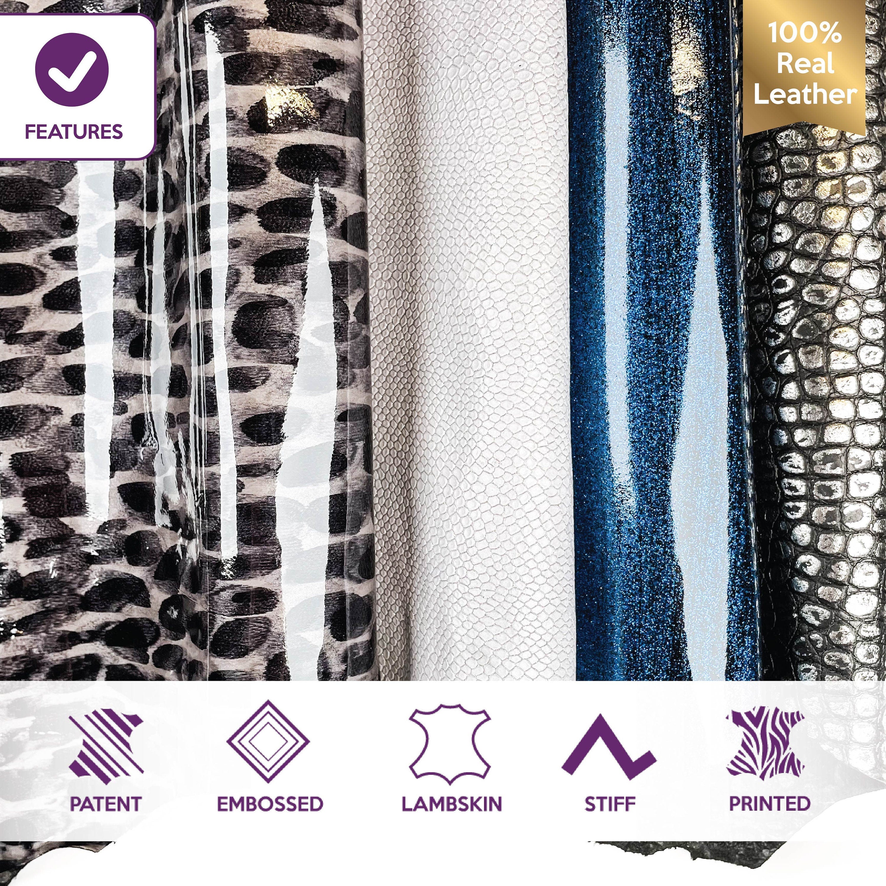 Exclusive Patent Printed Animal Embossed Metallic Lambskin Bundle of 4 Hides 0.9-1.1mm/2.25-2.75oz