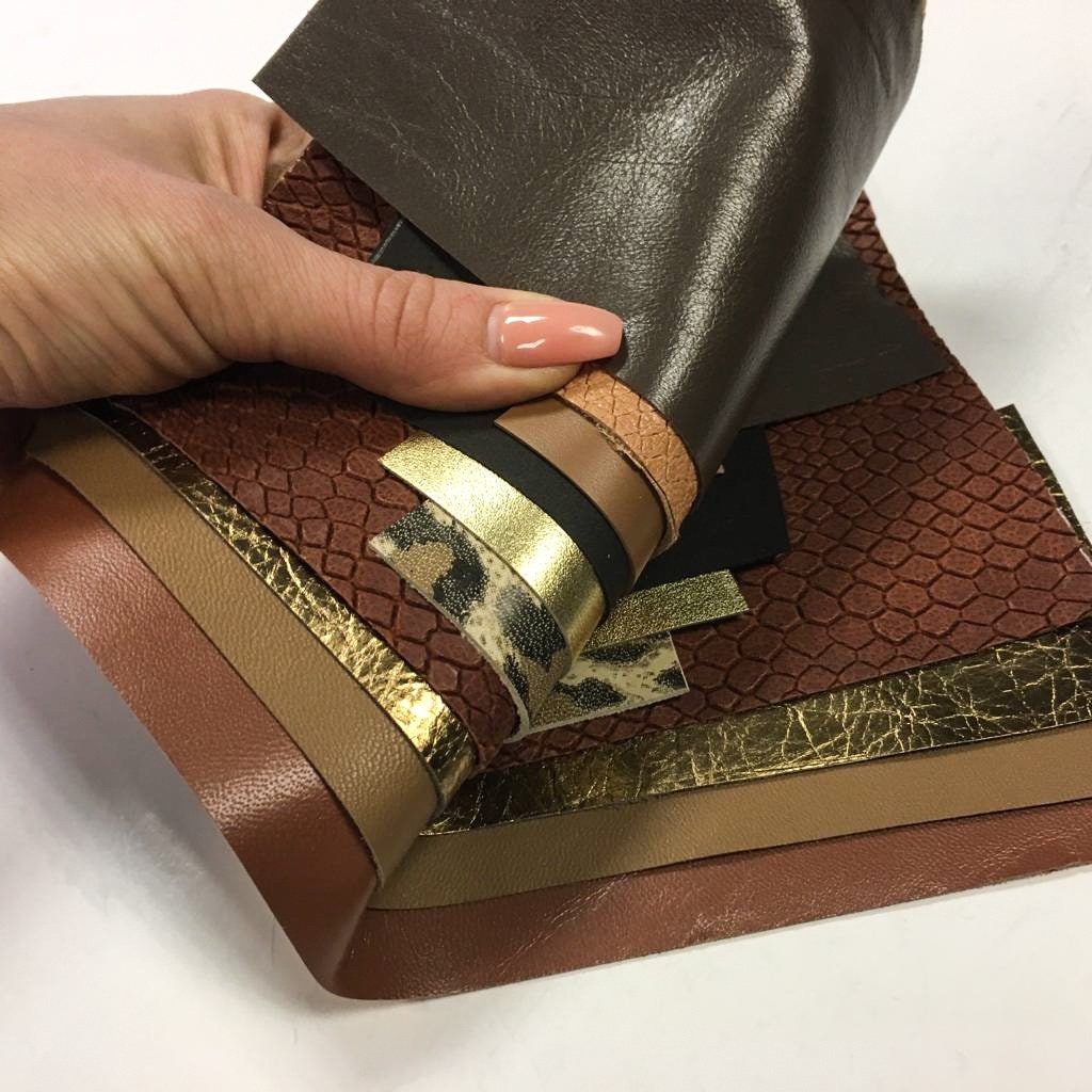 Brown Lambskin Scrap Mix Of Different Print Texture Metallic Gold Renmants