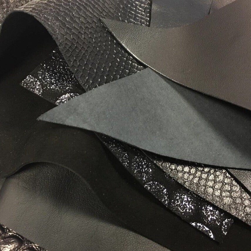 Black Lambskin Scraps Mix Soft Thin Pieces Shiny Textured Print Patent Suede