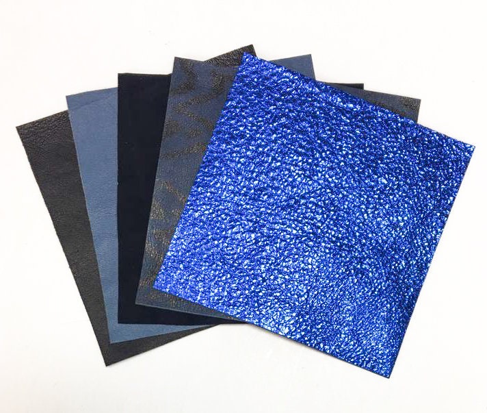 5 pcs Of Textured Blue Snake, Metallic, Black 5x5in Leather Pieces