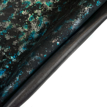 Blue And Silver Shiny Snake Print on Black Suede Lambskin ~0.8mm/2oz / SNAKE 1443