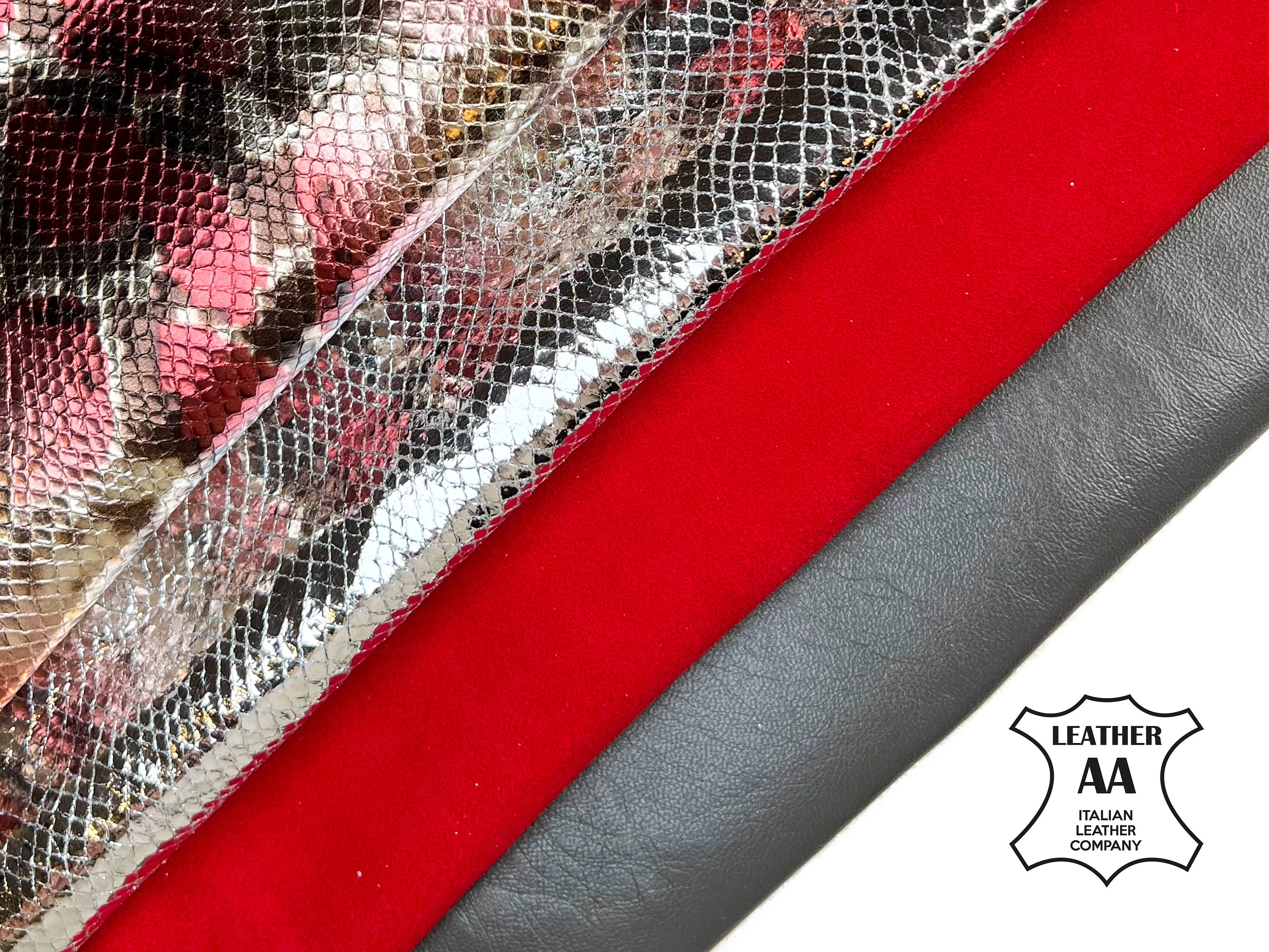 Red Snake Gray Lambskin Red Suede Silver Bundle of 4 Premium Italian Skins / FREE Express Delivery Included /2 - 7.3 sqft /1 oz - 3 oz