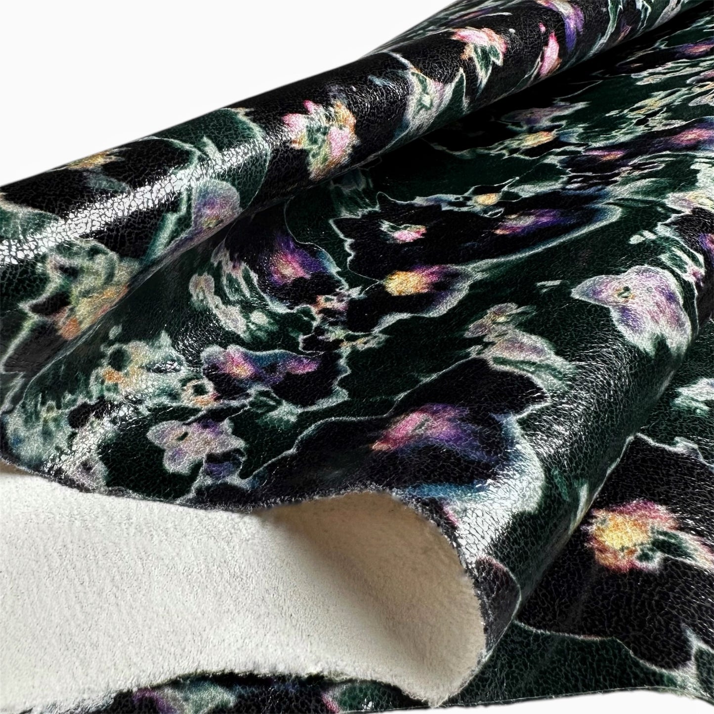 Dark Green Floral Lambskin Hides With Flower Print 0.7-0.8mm/1.75-2oz DARK GREEN FLORAL 1565