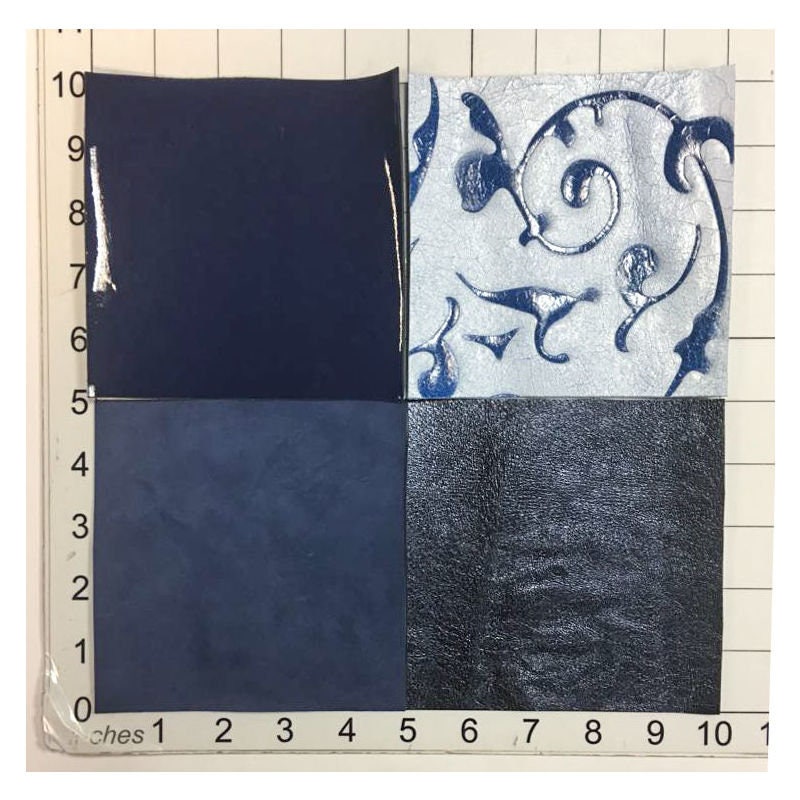 Blue Tales 4 pcs - Blue Patent, Metallic, Print, Suede 5x5in Leather Scraps