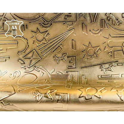 Gold Metallic Leather Hides With Egyptian Hieroglyphs 0.7mm/1.75oz / GOLDEN GALAXY 1354
