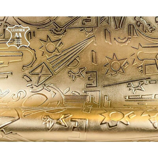 Gold Metallic Leather Hides With Egyptian Hieroglyphs 0.7mm/1.75oz / GOLDEN GALAXY 1354