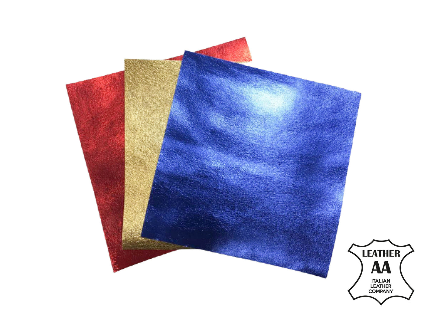 Three Metallic Leather Pieces 5x5in - Blue, Gold, Red Thin