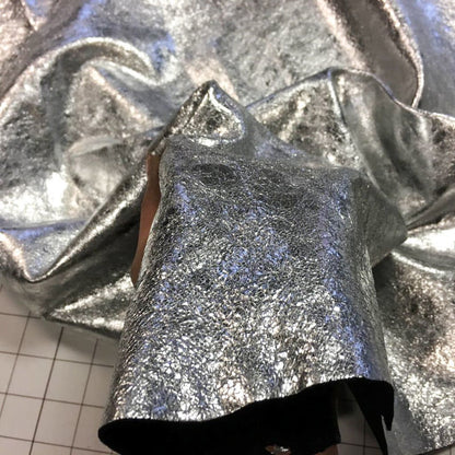 SILVER leather fabric metallic Genuine Sheep skin sheets for sewing CRUNCHY SILVER 709, 2.25 oz Thin Natural Leather pieces Silver Leather