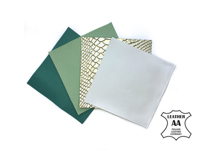 Green Pebbled 5x5in Leather Scraps - Green, White, Gold Snake 4 pcs