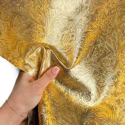 Matte Gold Metallic Lambskin Hides With Flower Print GOLD FLOWERS 1468 0.9mm/2.25oz