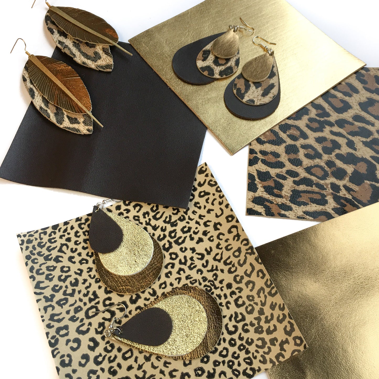 Five Leather Pieces -Gold, Leopard, Cheetah, Bronze, Brown 5x5in