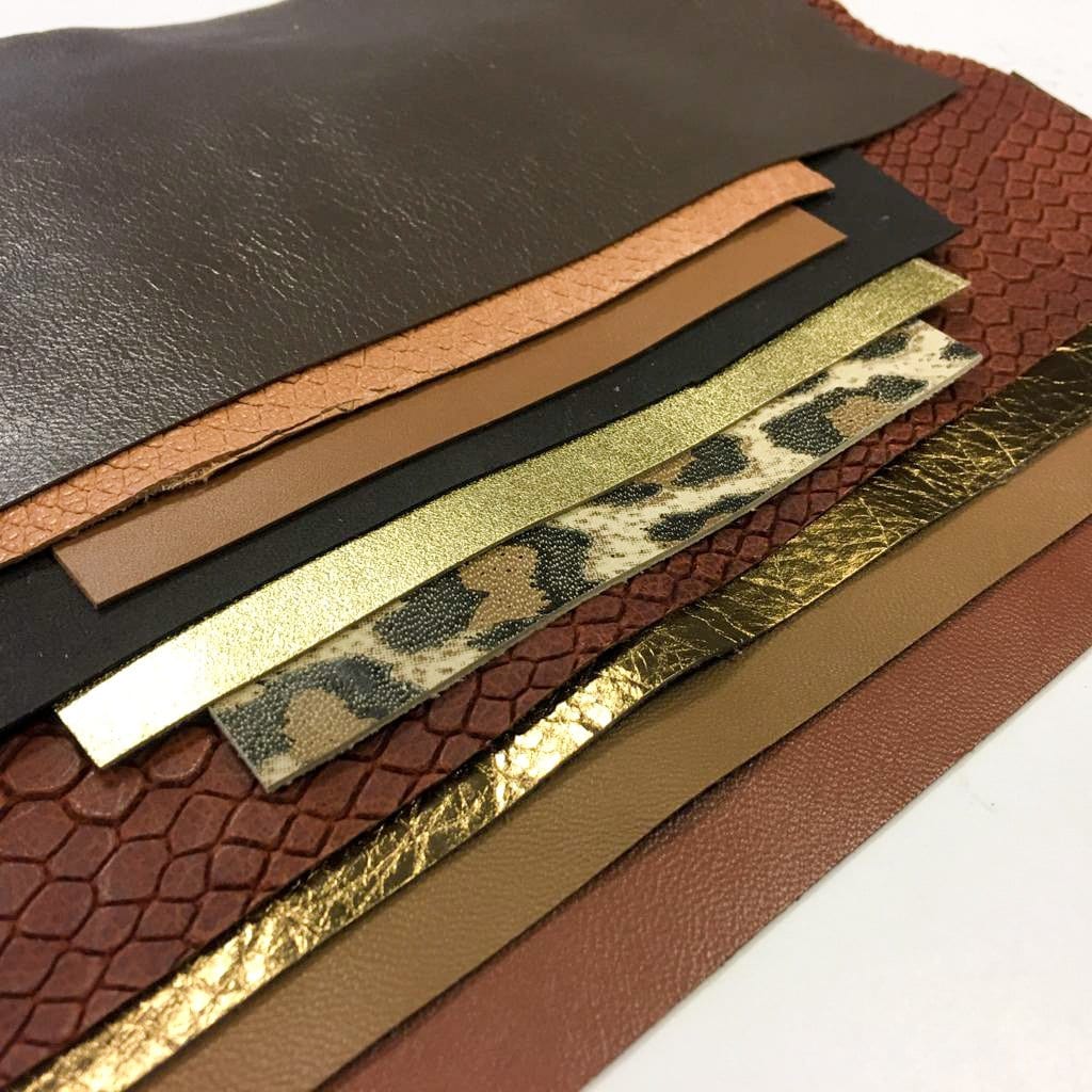 Brown Lambskin Scrap Mix Of Different Print Texture Metallic Gold Renmants