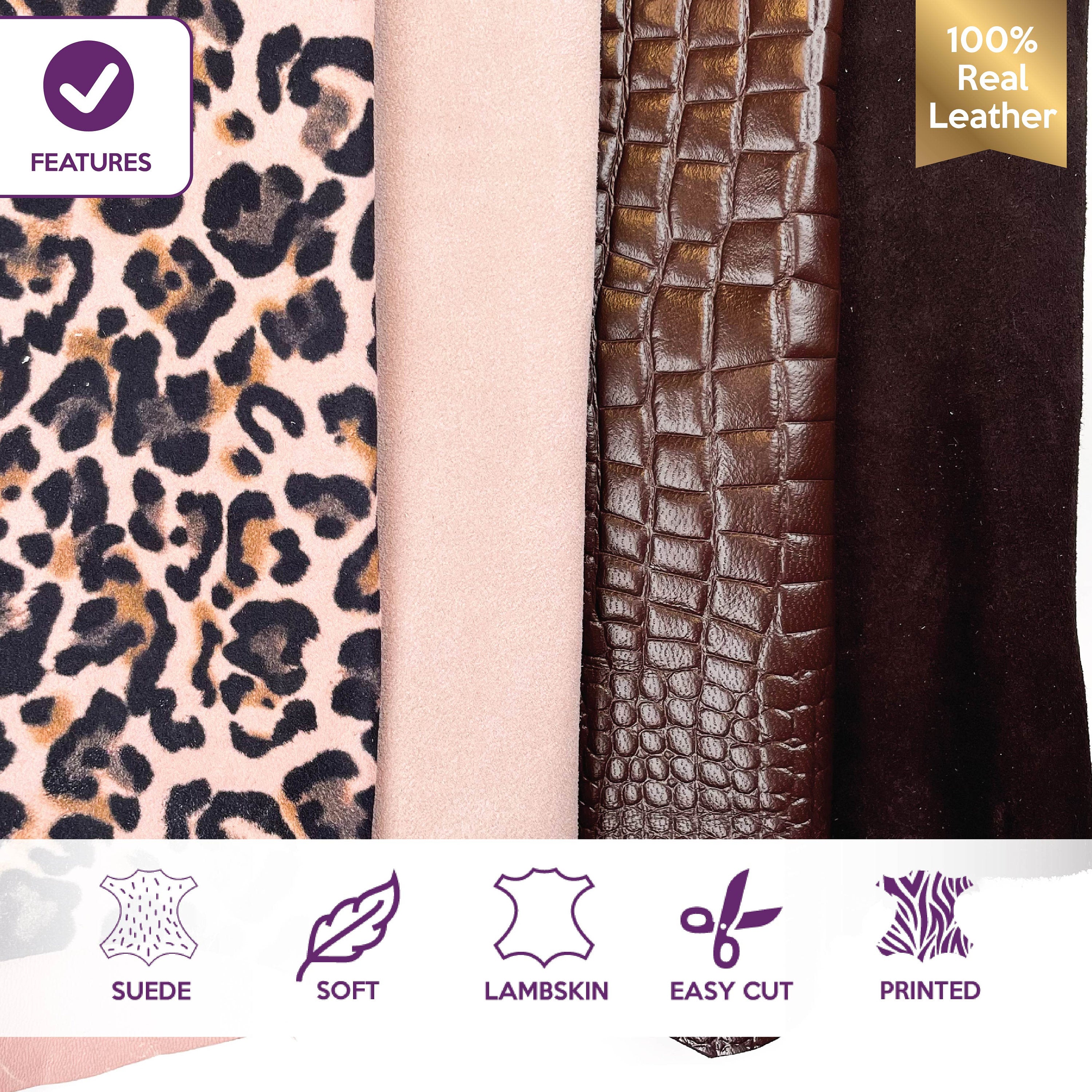 Pink Brown Lambskin Printed Leopard CrocodileLeather Bundle of 4 full hides