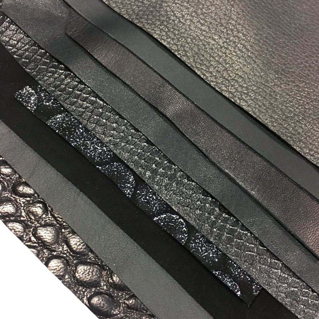 Black Lambskin Scraps Mix Soft Thin Pieces Shiny Textured Print Patent Suede