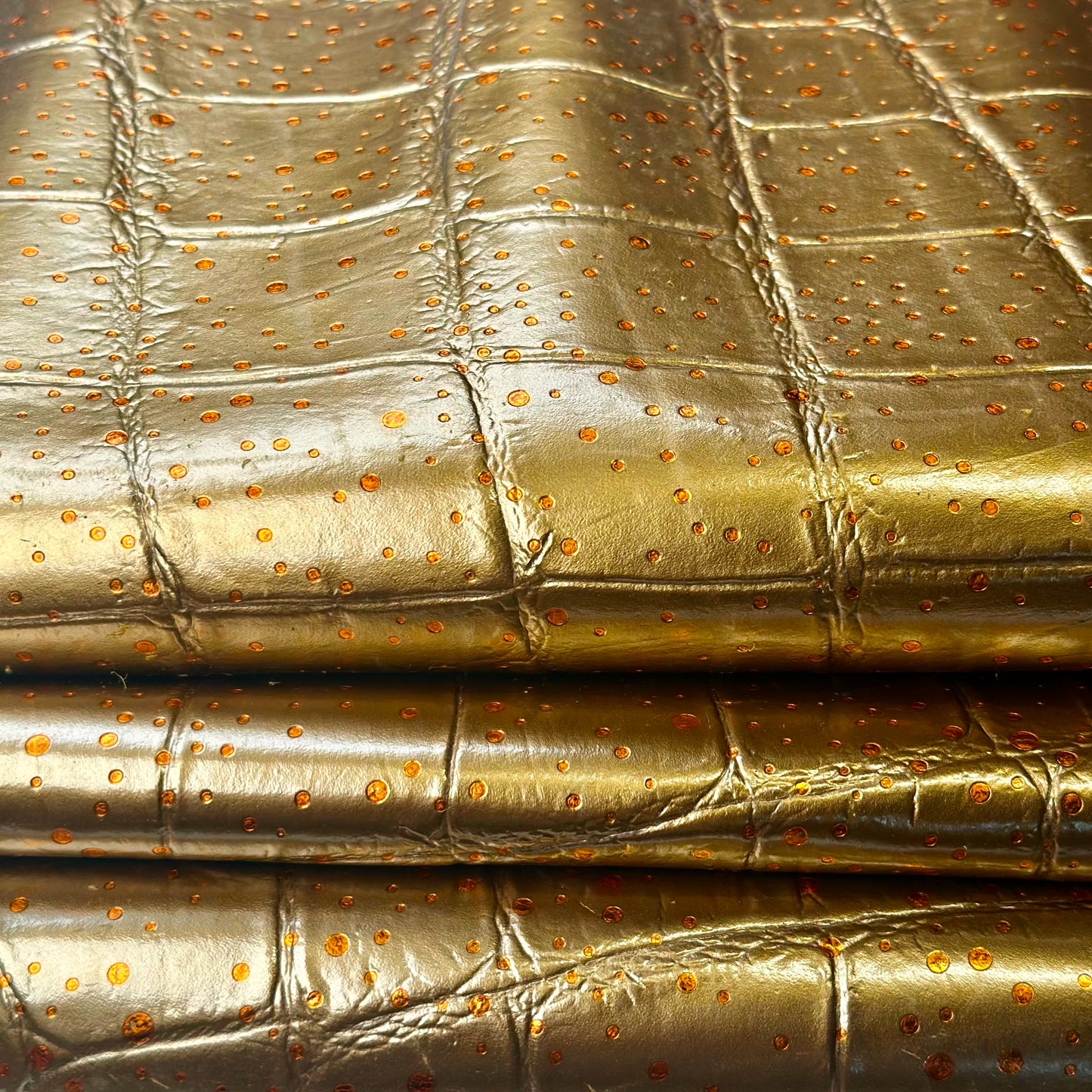Gold Metallic Lambskin Leather Sheet With Water-Drop Dots Crocodile Texture 1670