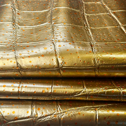 Gold Metallic Lambskin Leather Sheet With Water-Drop Dots Crocodile Texture 1670