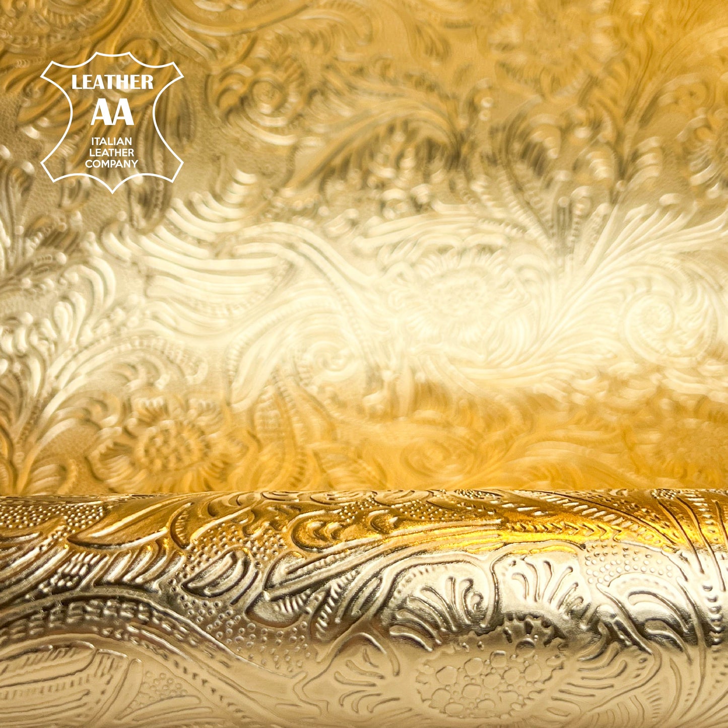 Matte Gold Metallic Lambskin Hides With Flower Print GOLD FLOWERS 1468 0.9mm/2.25oz